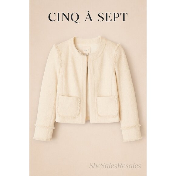 Cinq à Sept Tous Les Jours Keegan Ivory Tweed Fringe Trim Jacket Size 14 Classic - Picture 11 of 11